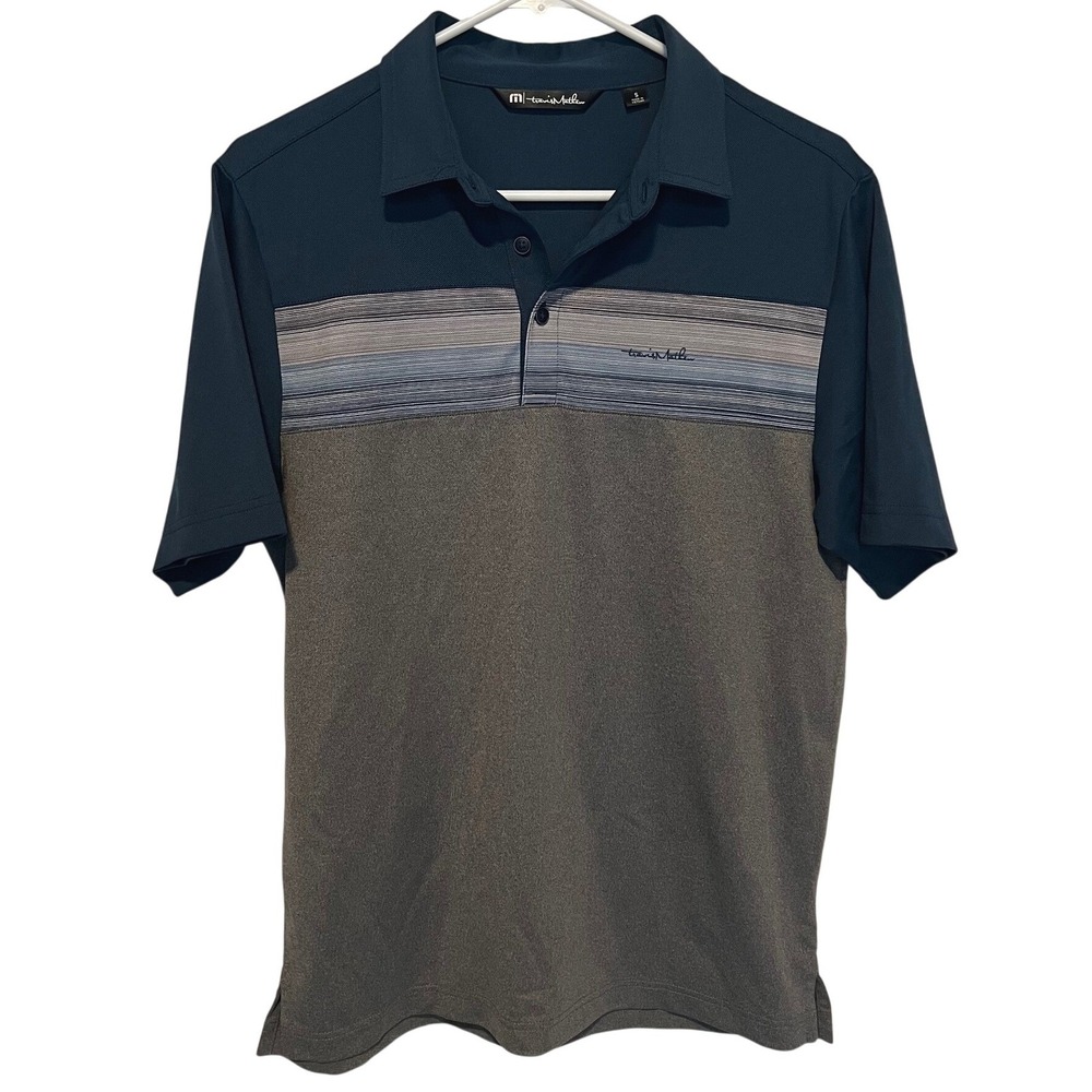 Travis Mathew Men's S Polo Shirt Blue Grey Striped Colorblock Golf Performance